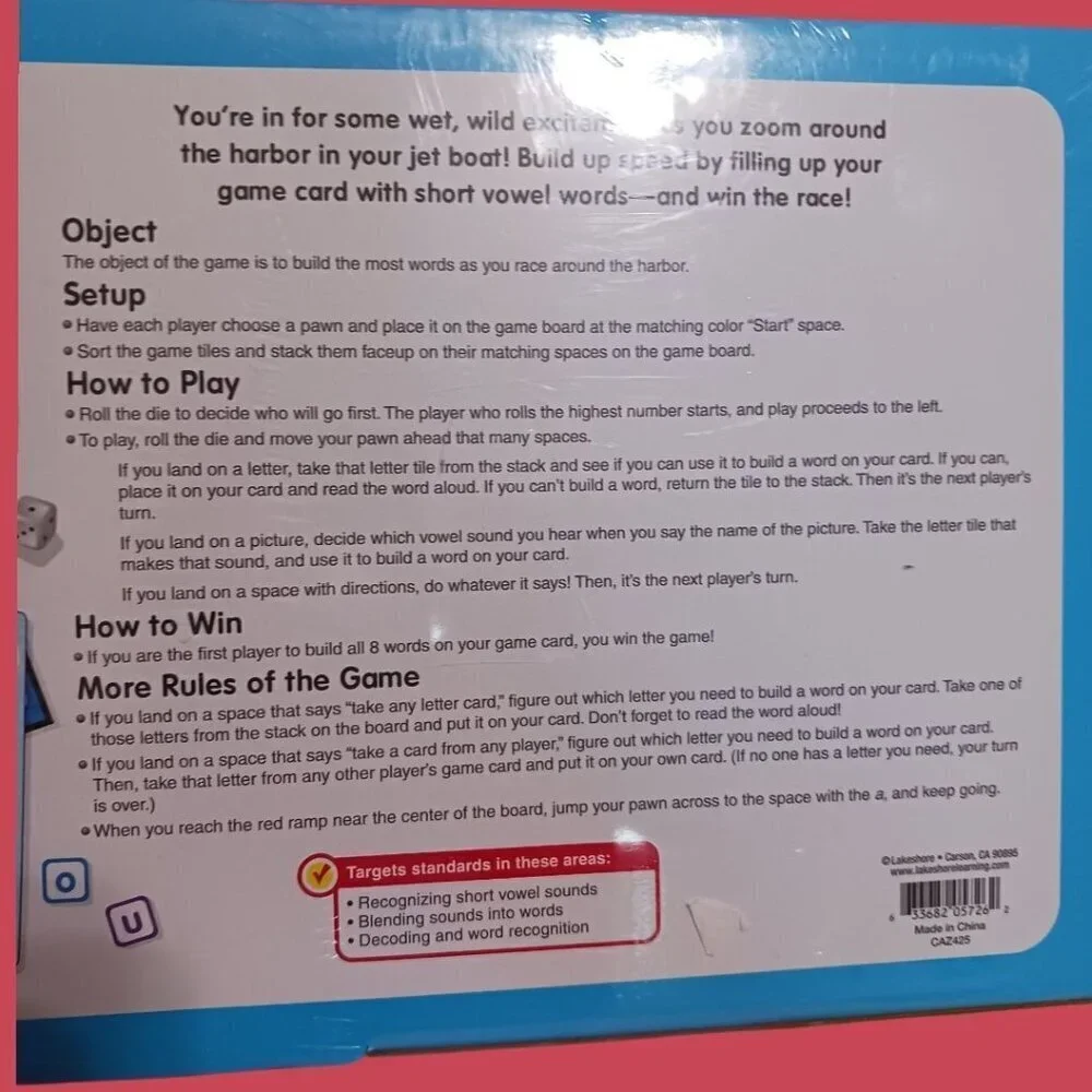 Lakeshore Jet-Boat Harbor A Short Vowels Game Ages 6+ 2-4 Players